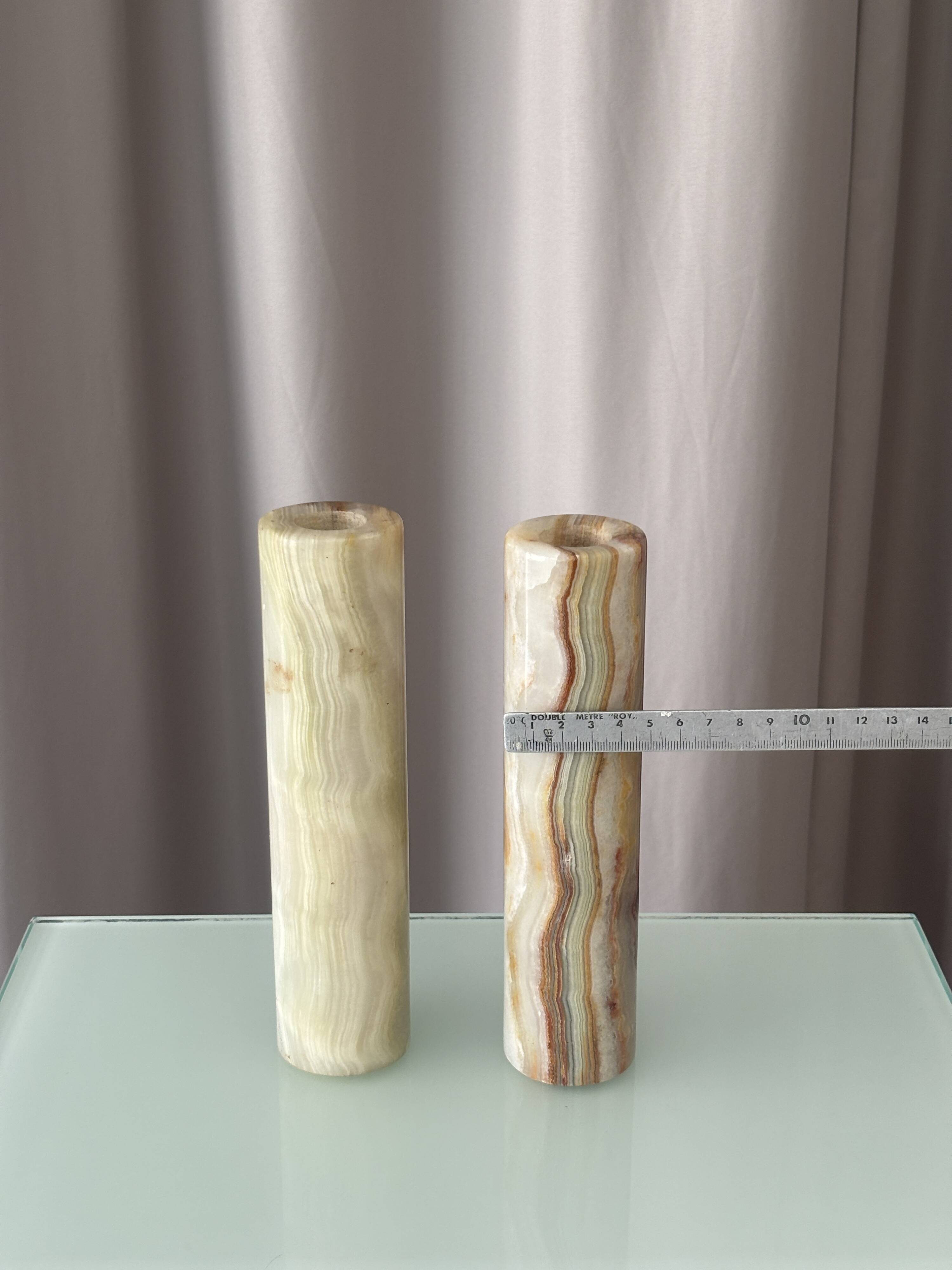 Vintage Alabaster Bud Vases / Candlesticks – Pair – Italian Stone – 20 cm