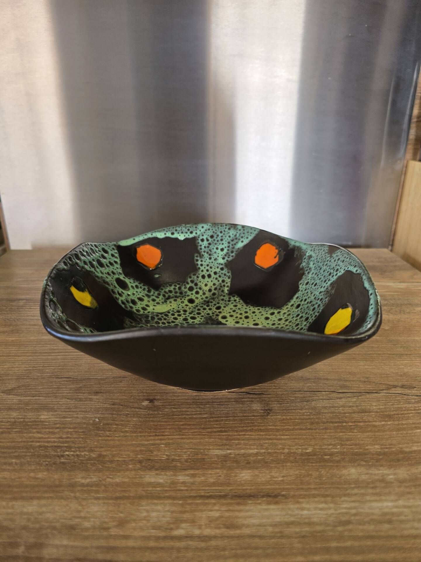 Square shallow dish Vallauris Fat Lava glaze sea foam vintage 1960s
