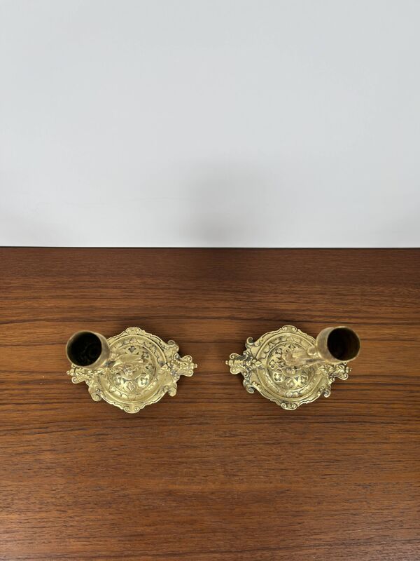 Paire de bougeoirs anciens héron laiton doré – style orientaliste Art déco