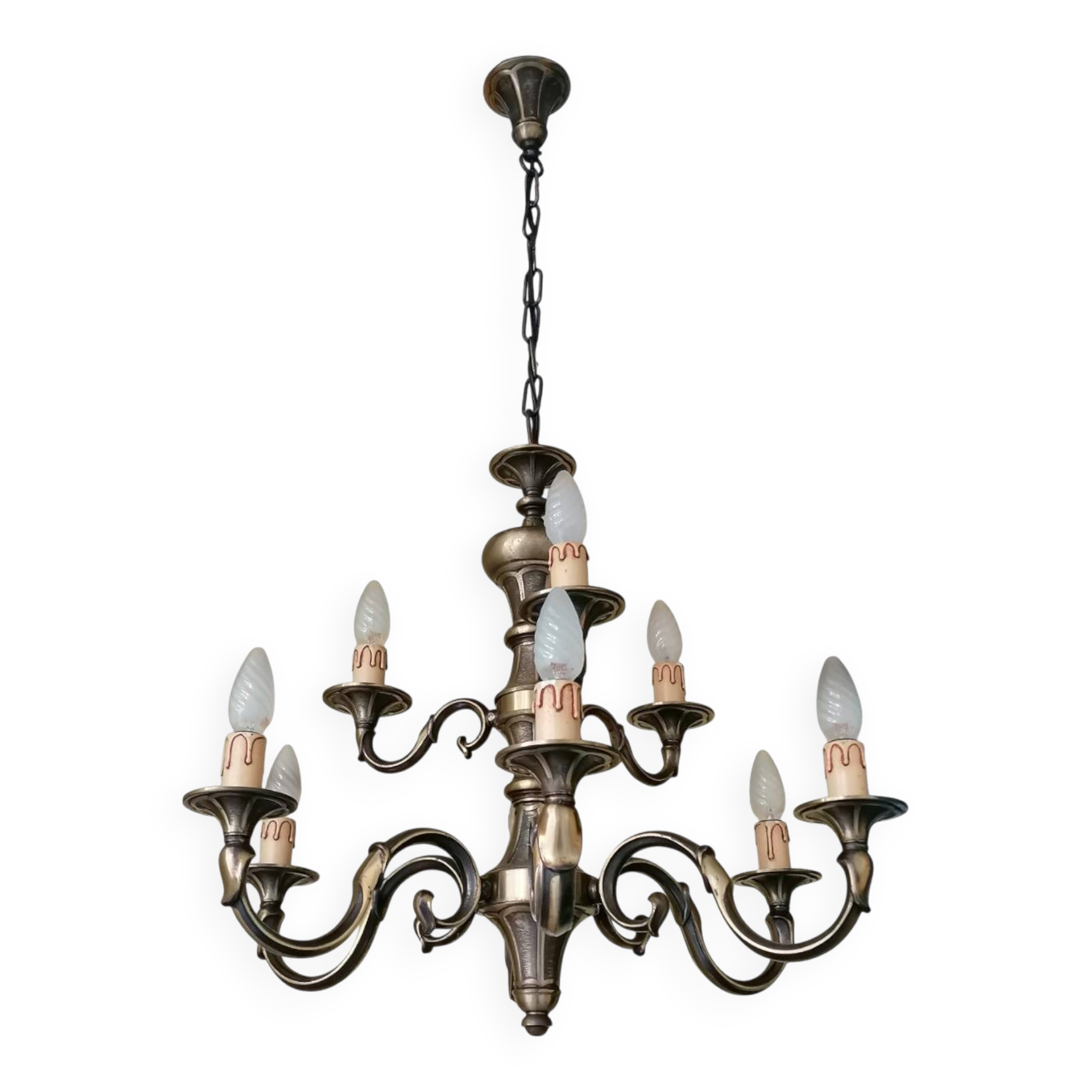 Lampadario vintage a nove luci in ottone, anni '50
