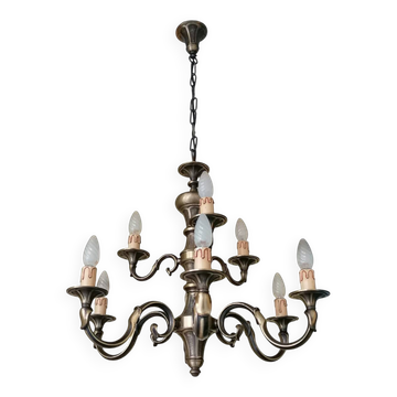 Lampadario vintage a nove luci in ottone, anni '50