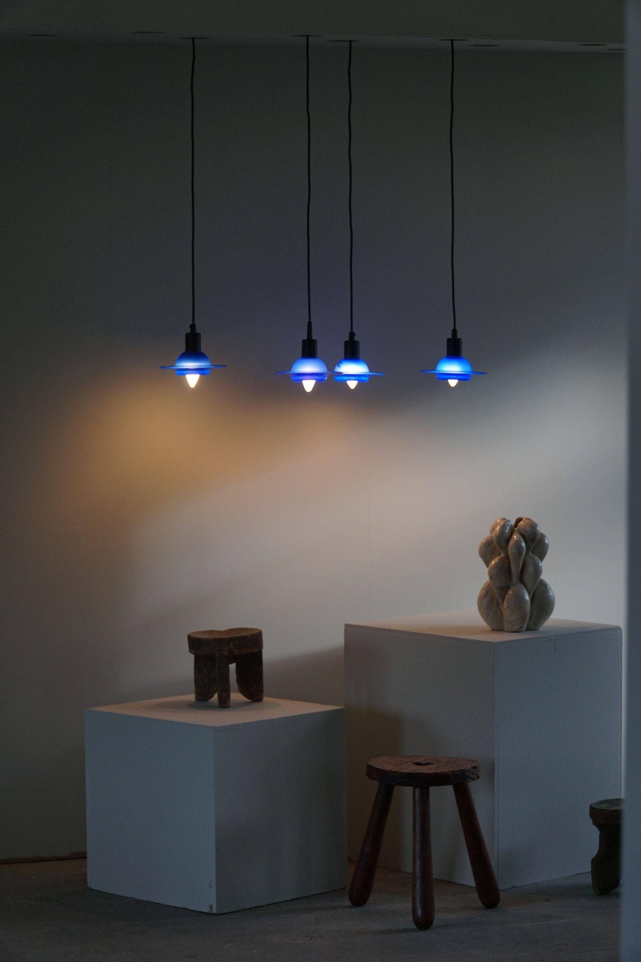 Set of 4 vintage blue glass pendants, made by Design Light A/S, Denmark, 1990s.