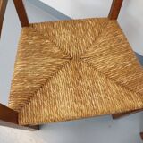 Set of 2 vintage brutalist armchairs in oak wood and straw