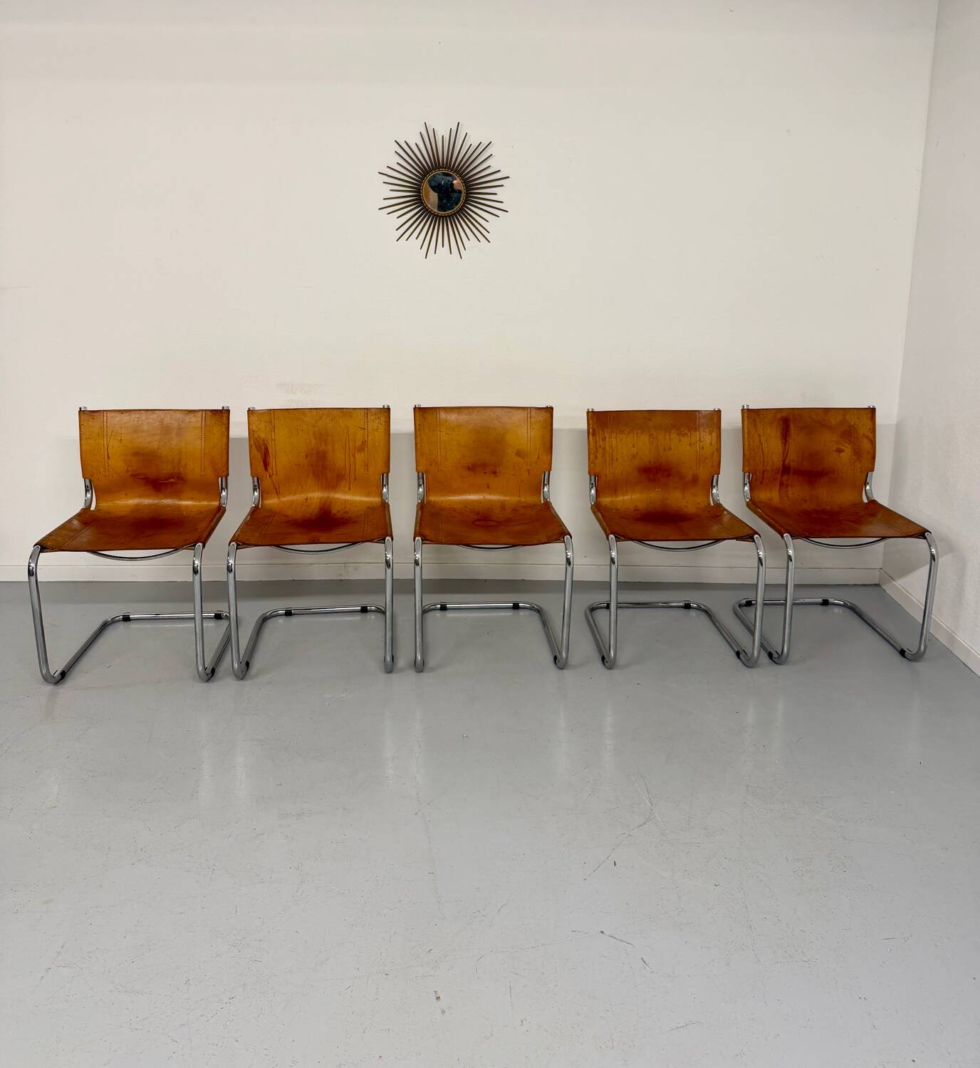 Lot of 5 tubular chairs Mart Stam edition Fasem vintage patinated leather