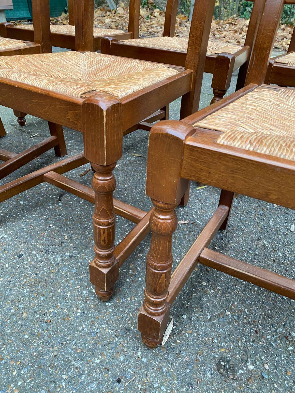 6 solid oak dining chairs with straw seats, 104cm