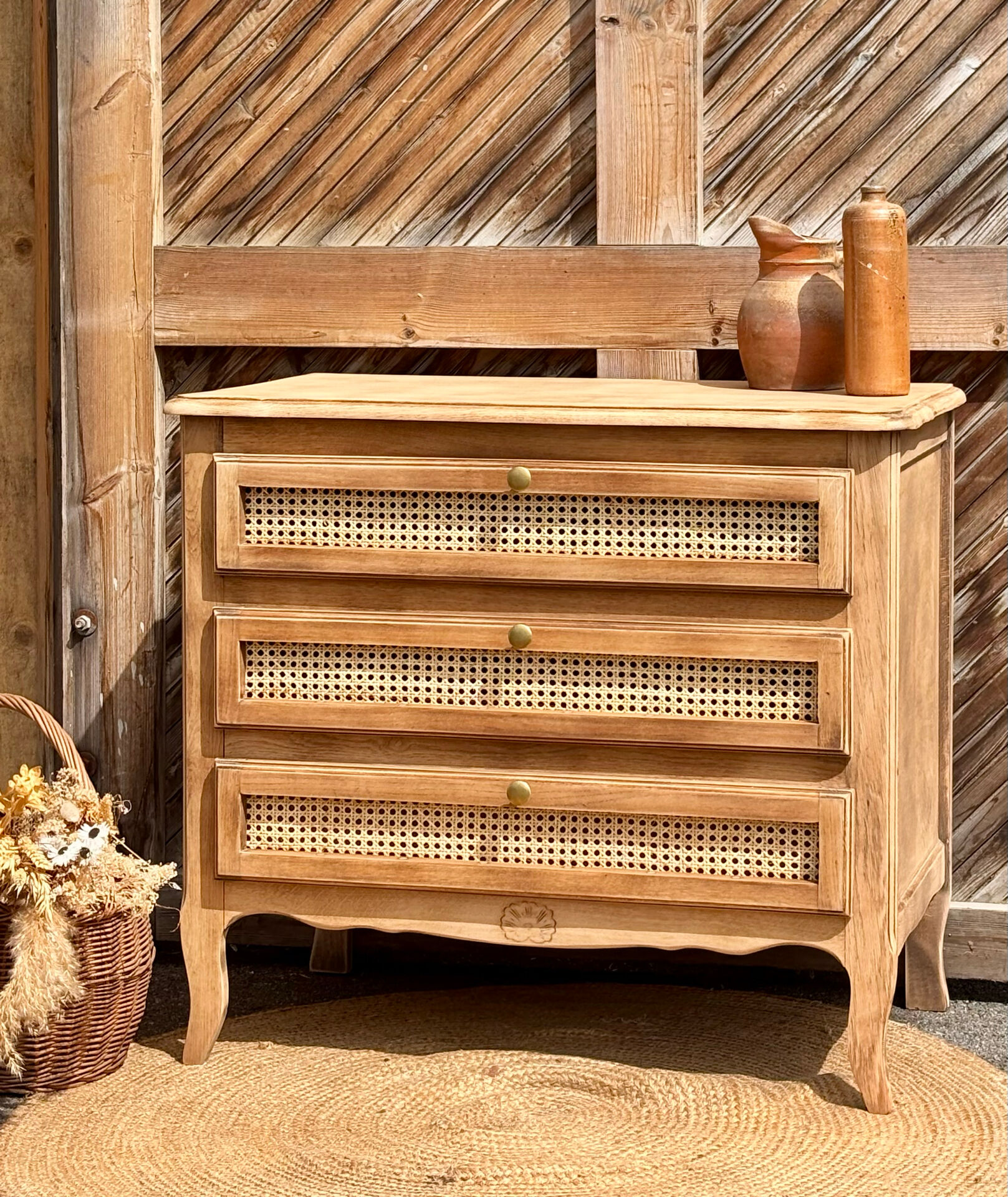 Antique oak commode with cane work - 3 drawers