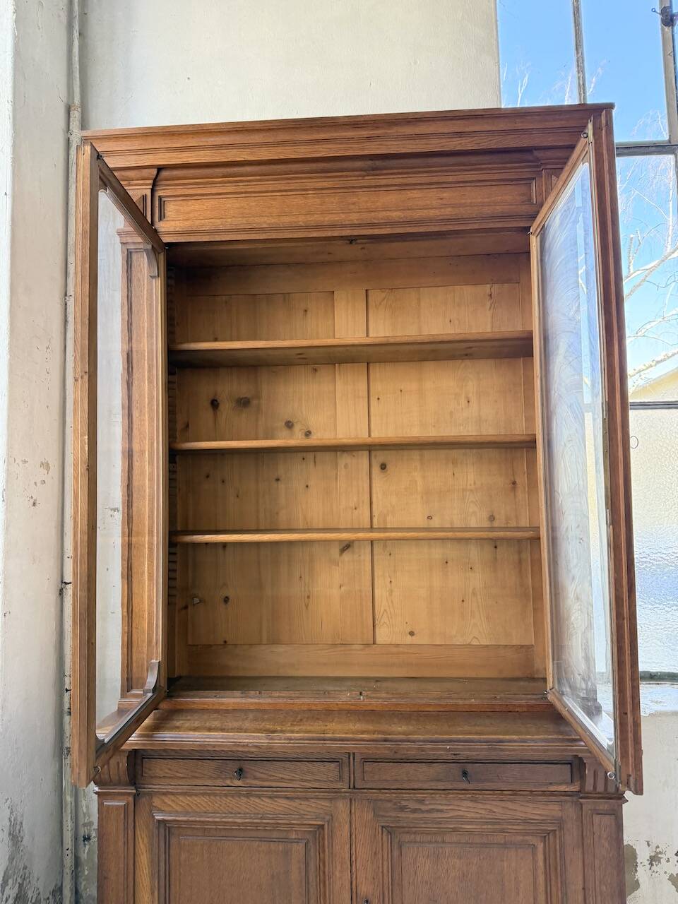 Antique XL Napoleonic oak glass bookcase, 19th century
