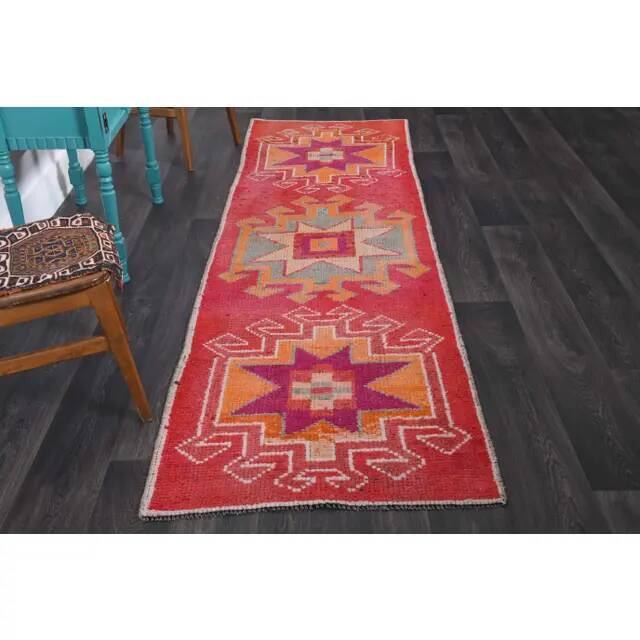 Vintage Turkish Hand-Knotted Wool Cotton Red Runner Rug 88x299