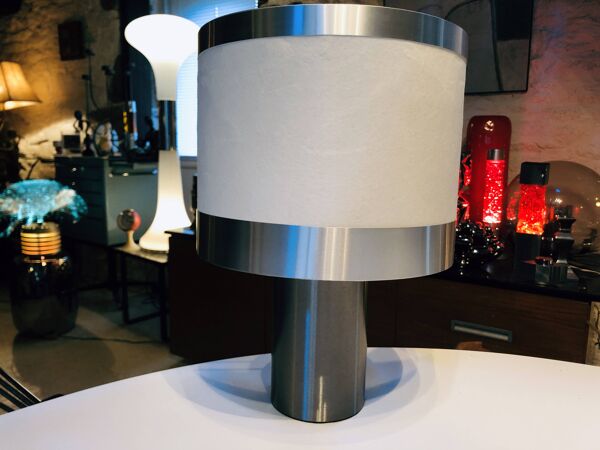 Lampe de table vintage • gioffredo reggiani • cylindre • acier brossé • 1970