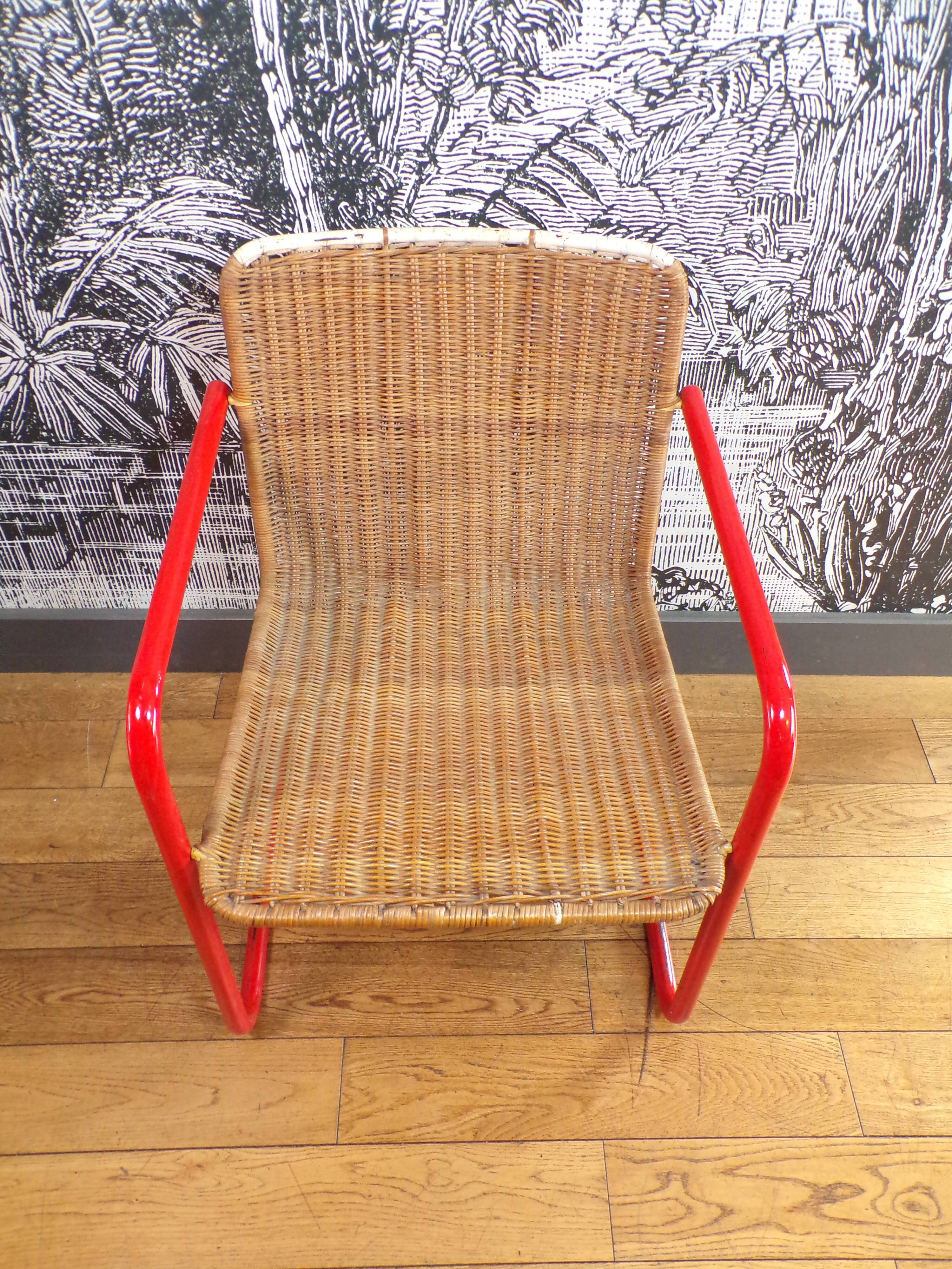 Chaise cantilever rotin et métal design 1980
