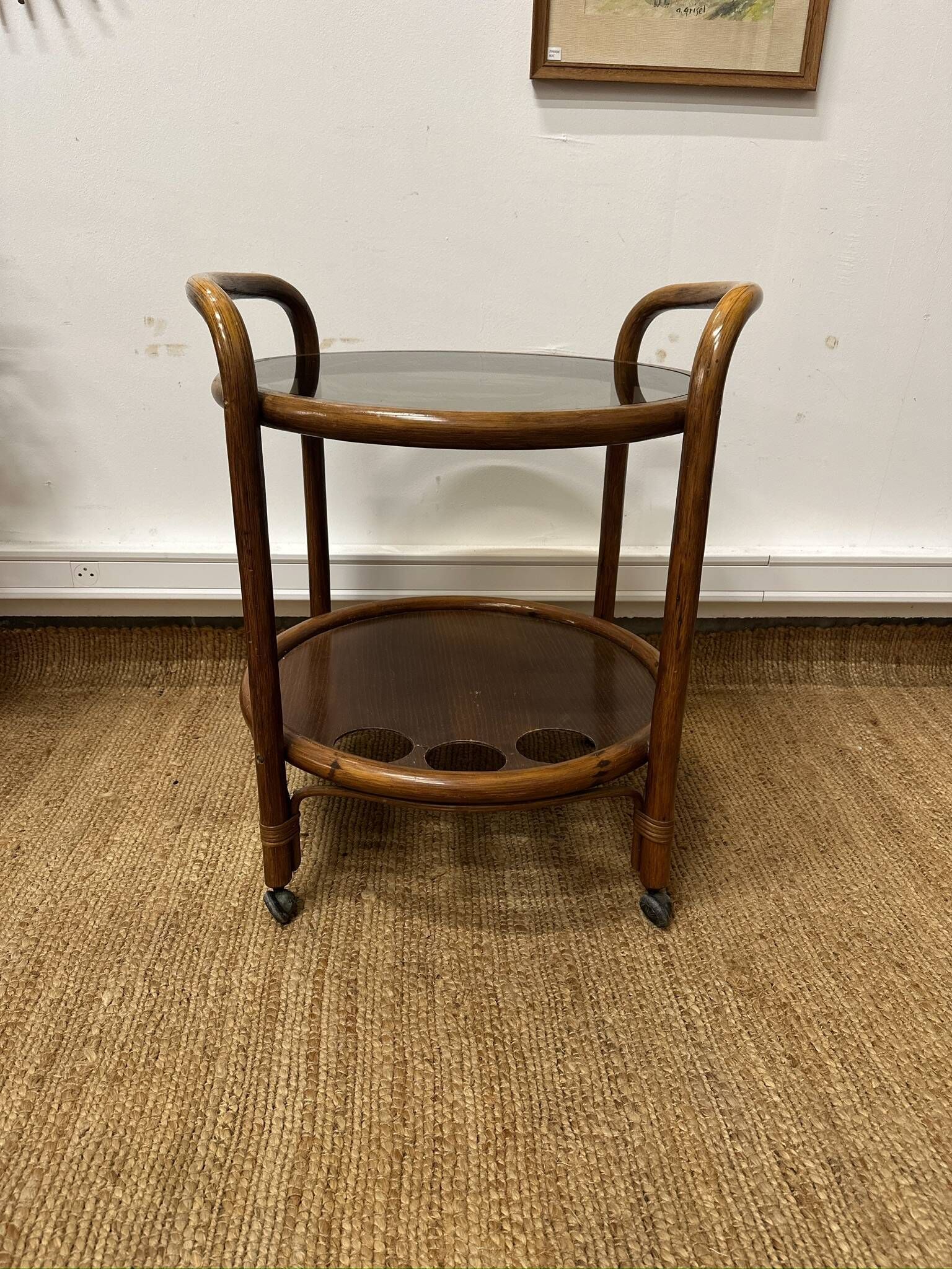 Vintage curved wooden rolling dessert trolley – smoked glass top