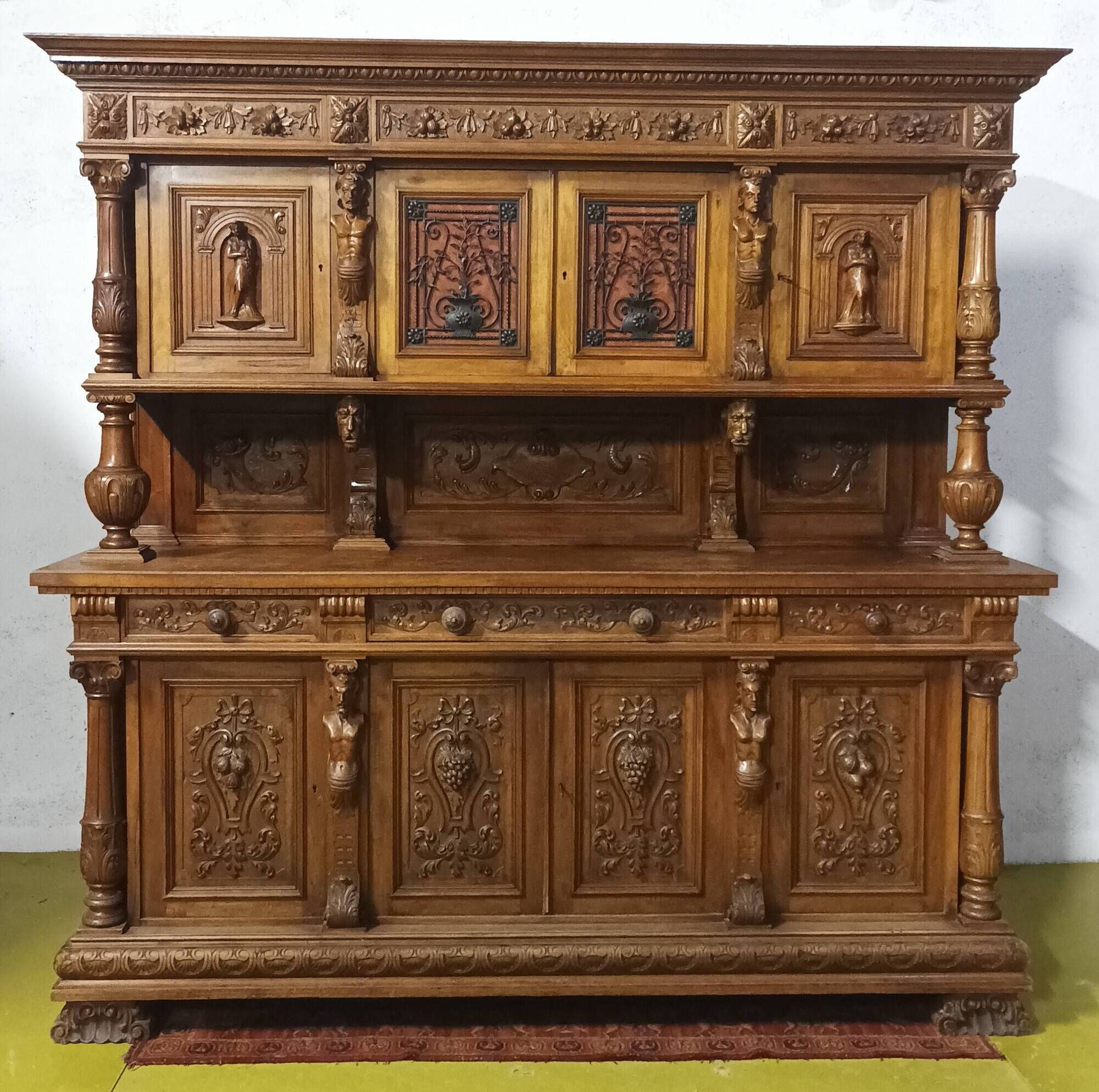 19th-century Renaissance walnut two-body buffet