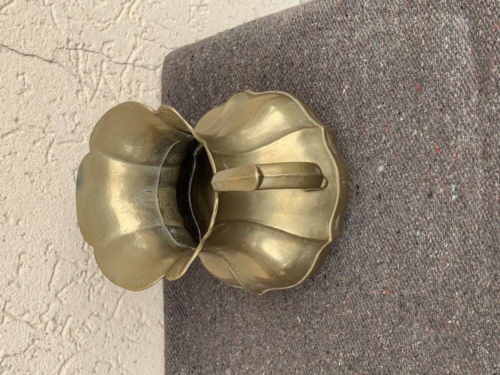Vintage brass pitcher with "petal" patterns — decorative S-shaped handle, 1950s.