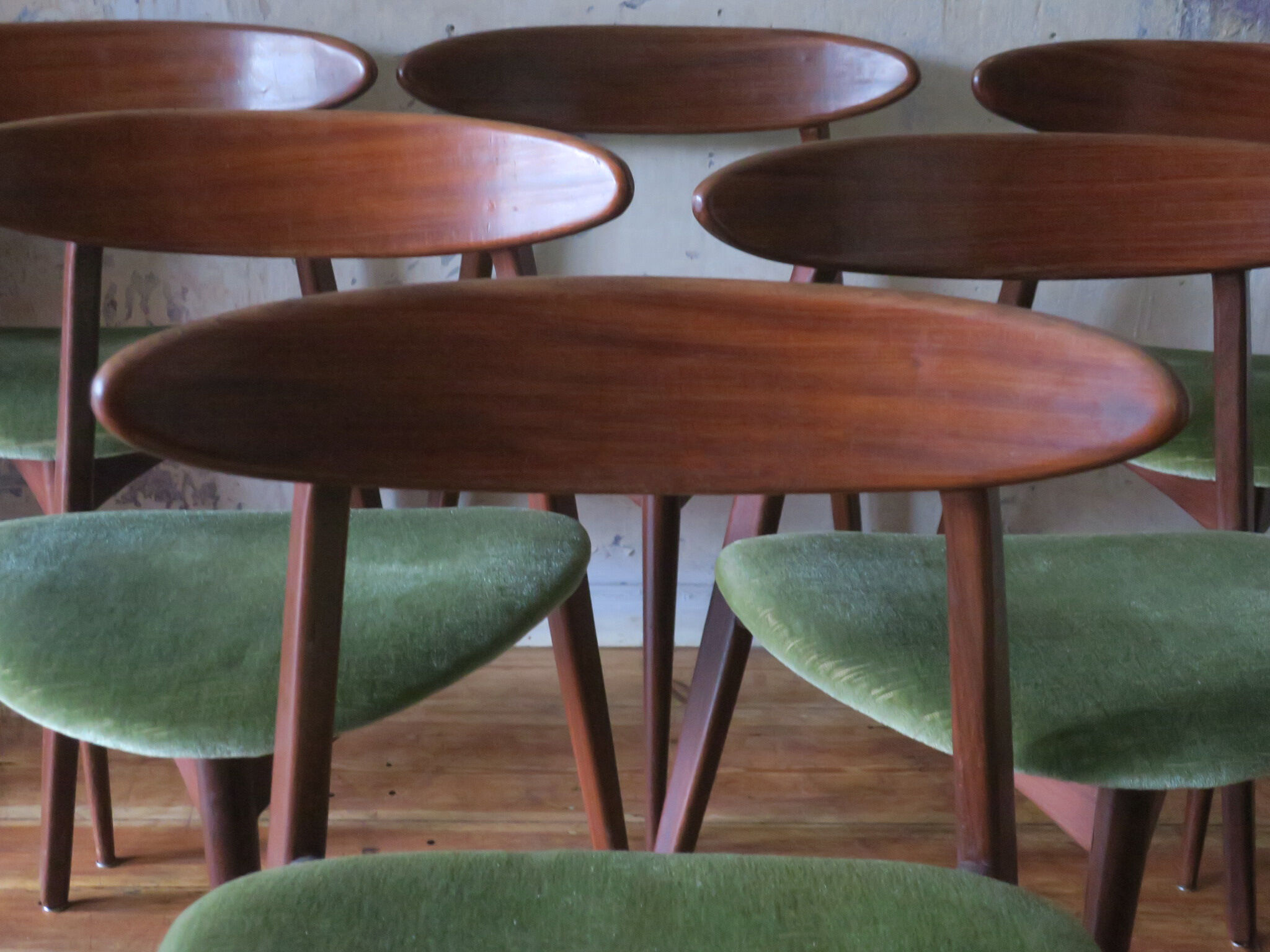 Set of six Danish teak tripod dining chairs, 1960