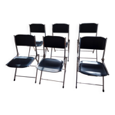 Lot de 6 chaises pliantes vintage Eyrel – Métal chromé et simili cuir noir