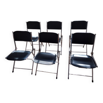 Lot de 6 chaises pliantes vintage Eyrel – Métal chromé et simili cuir noir