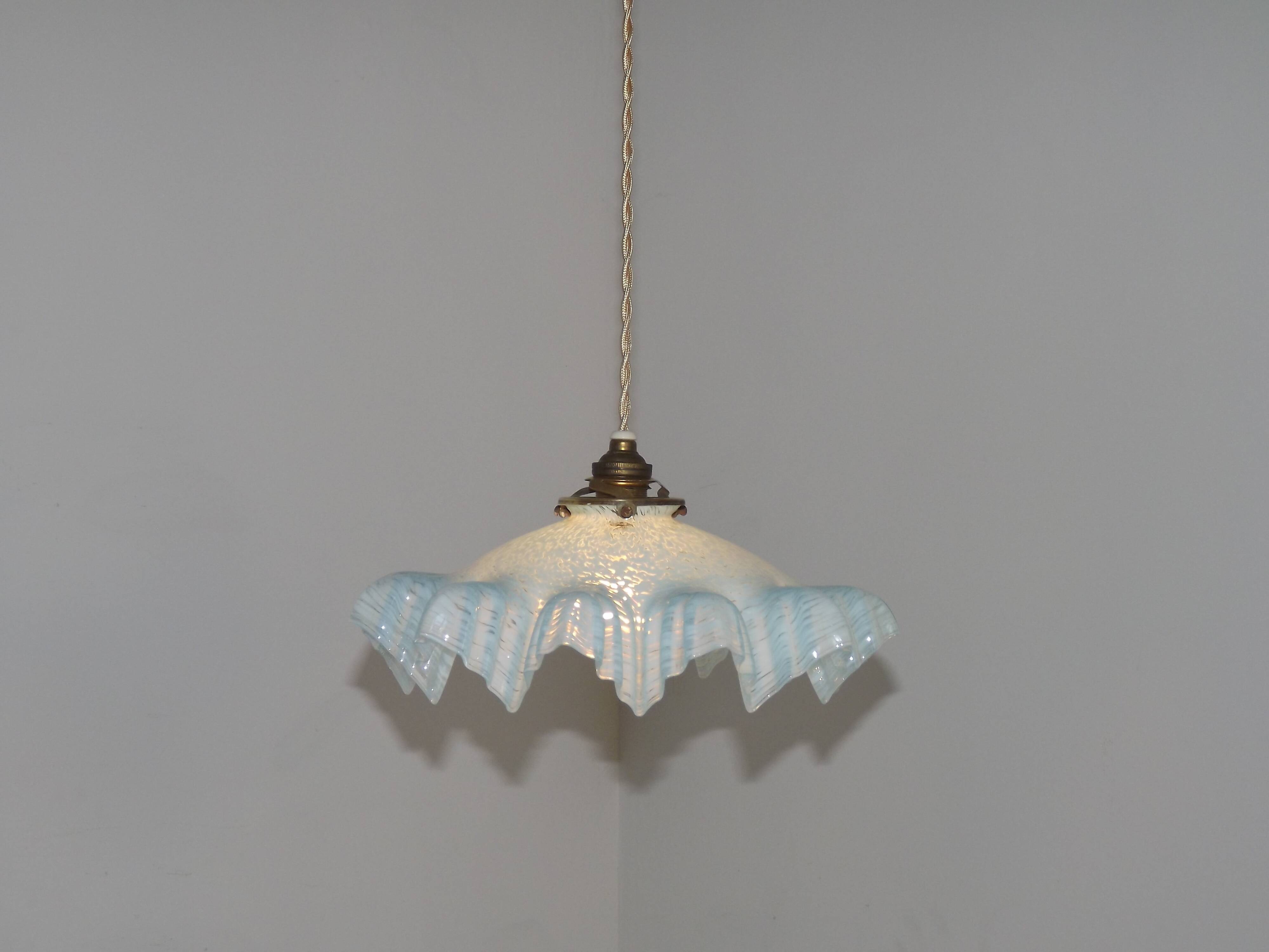 French Vintage 1930s Pale Blue Frilled Clichy Glass Lampshade Ceiling Light