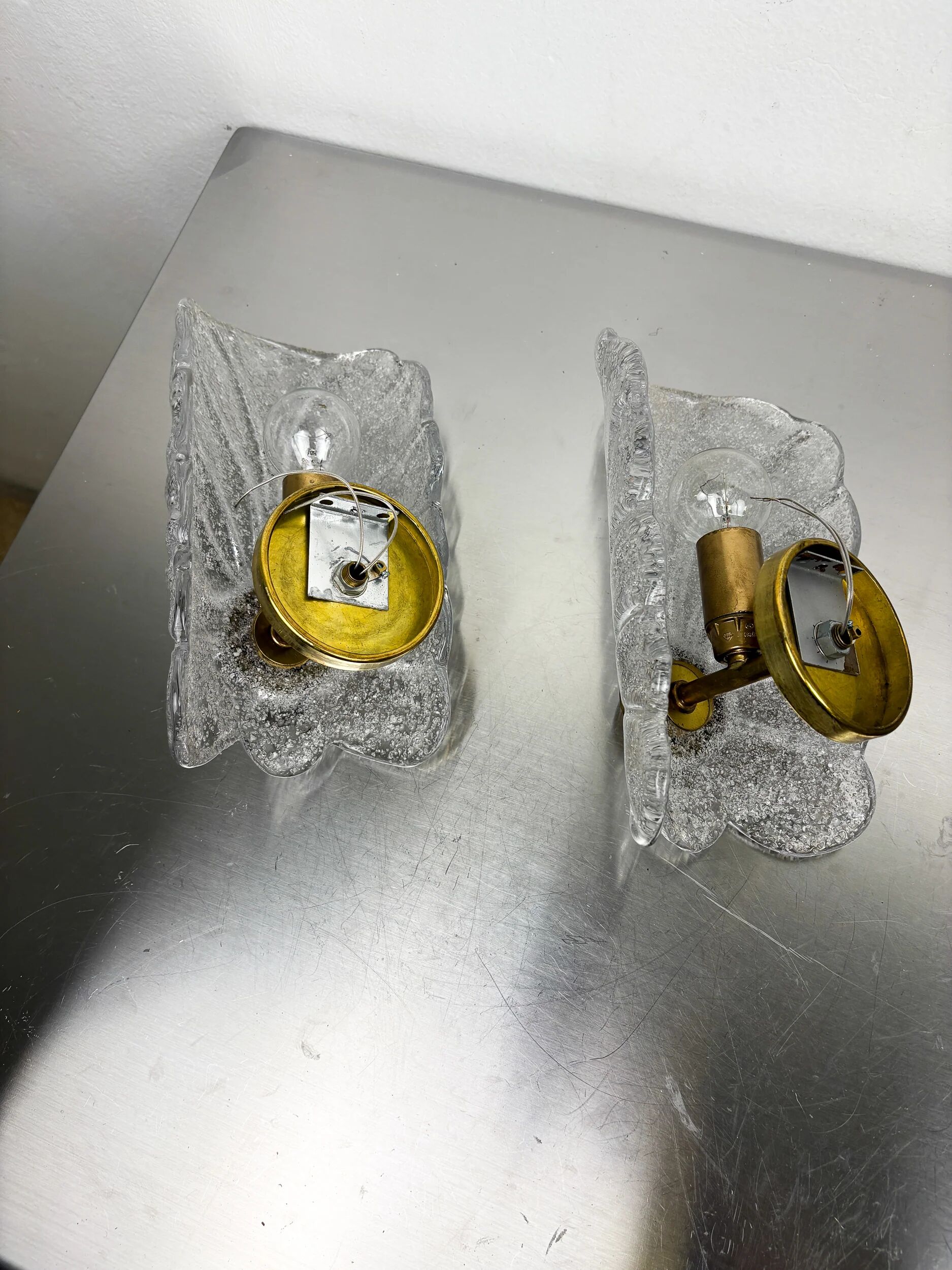 Pair of Murano frosted leaf sconces, textured glass & gilt details, Italy 1970s
