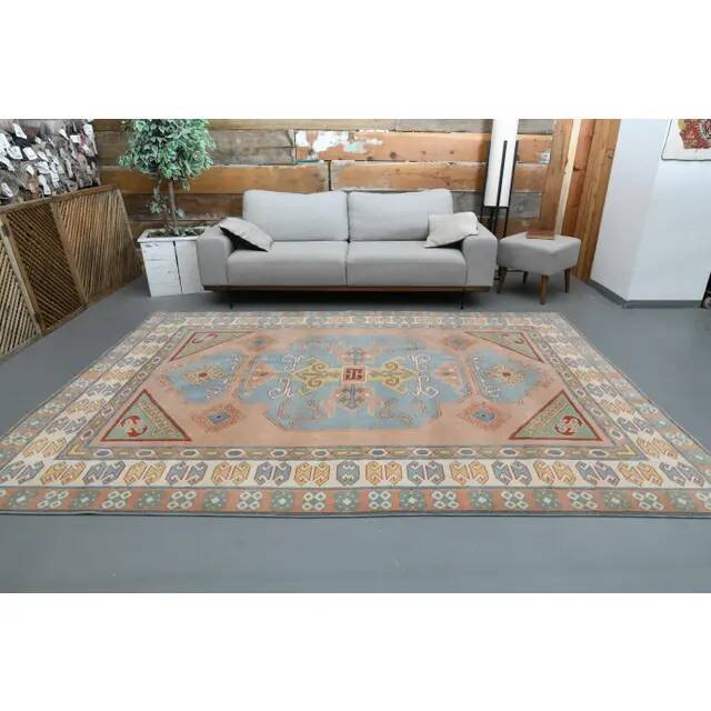 1970s Vintage Turkish Oushak Handmade Wool Cotton Blue Area Rug 220x310