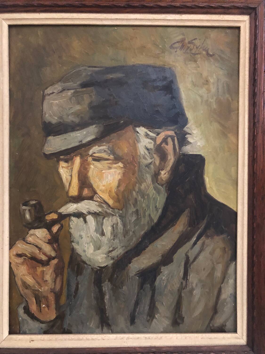 Oil on panel portrait of elderly man with pipe signed