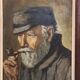 Oil on panel portrait of elderly man with pipe signed