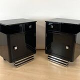 Art Deco Bedside Cabinets in Black Lacquer & Chrome, France, 1930, Set of 2