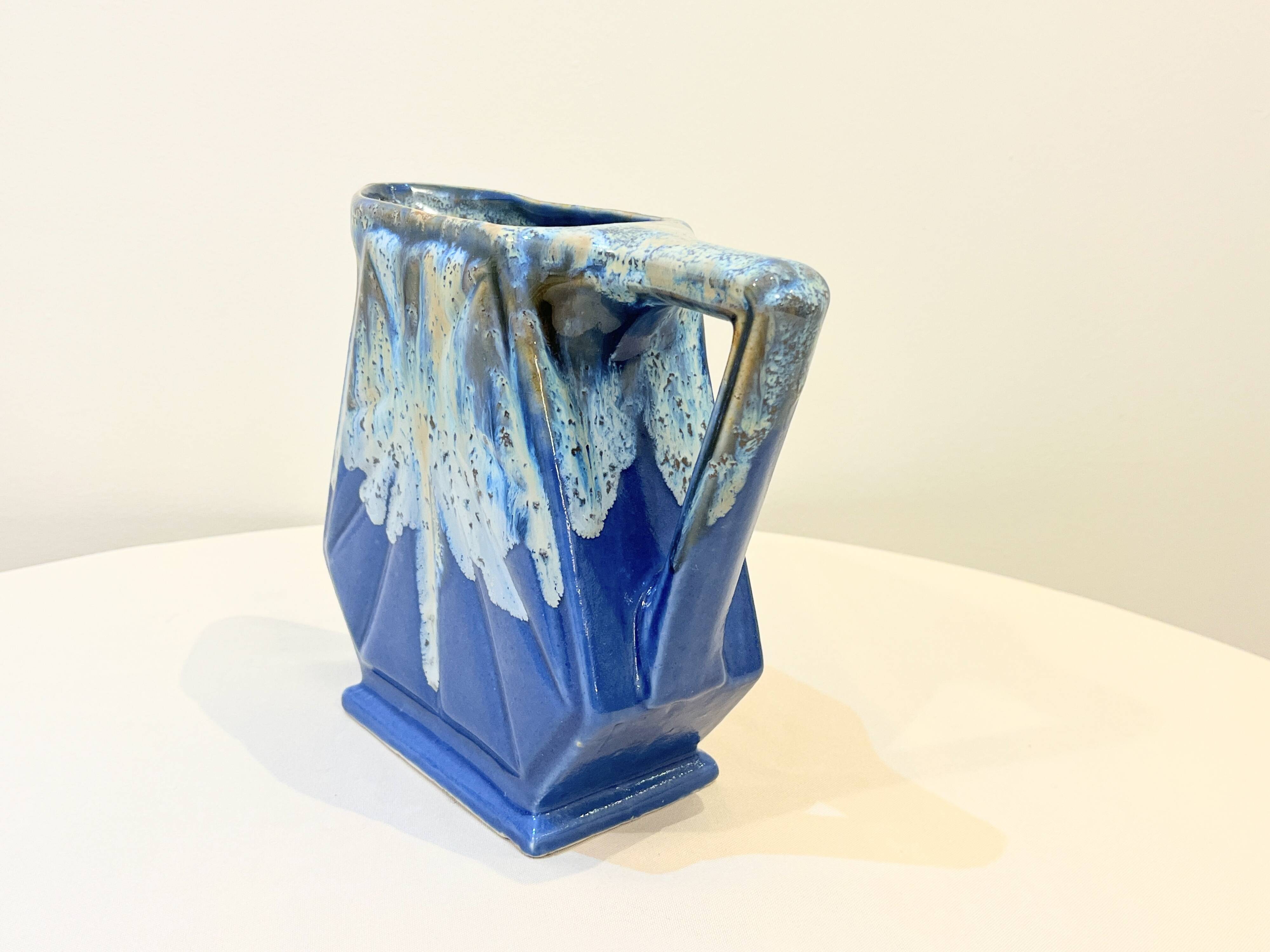 Large vintage art deco pitcher alpho in fat lava blue ceramic vase signed