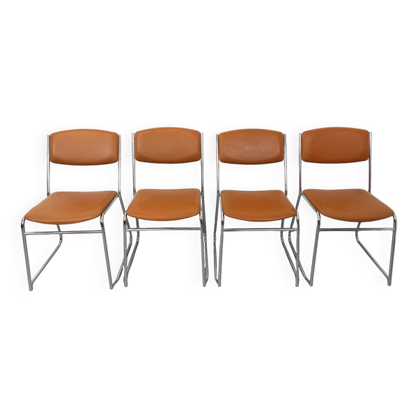 4 chaises traîneau vintage des années 70, en métal chromé design — Beyit
