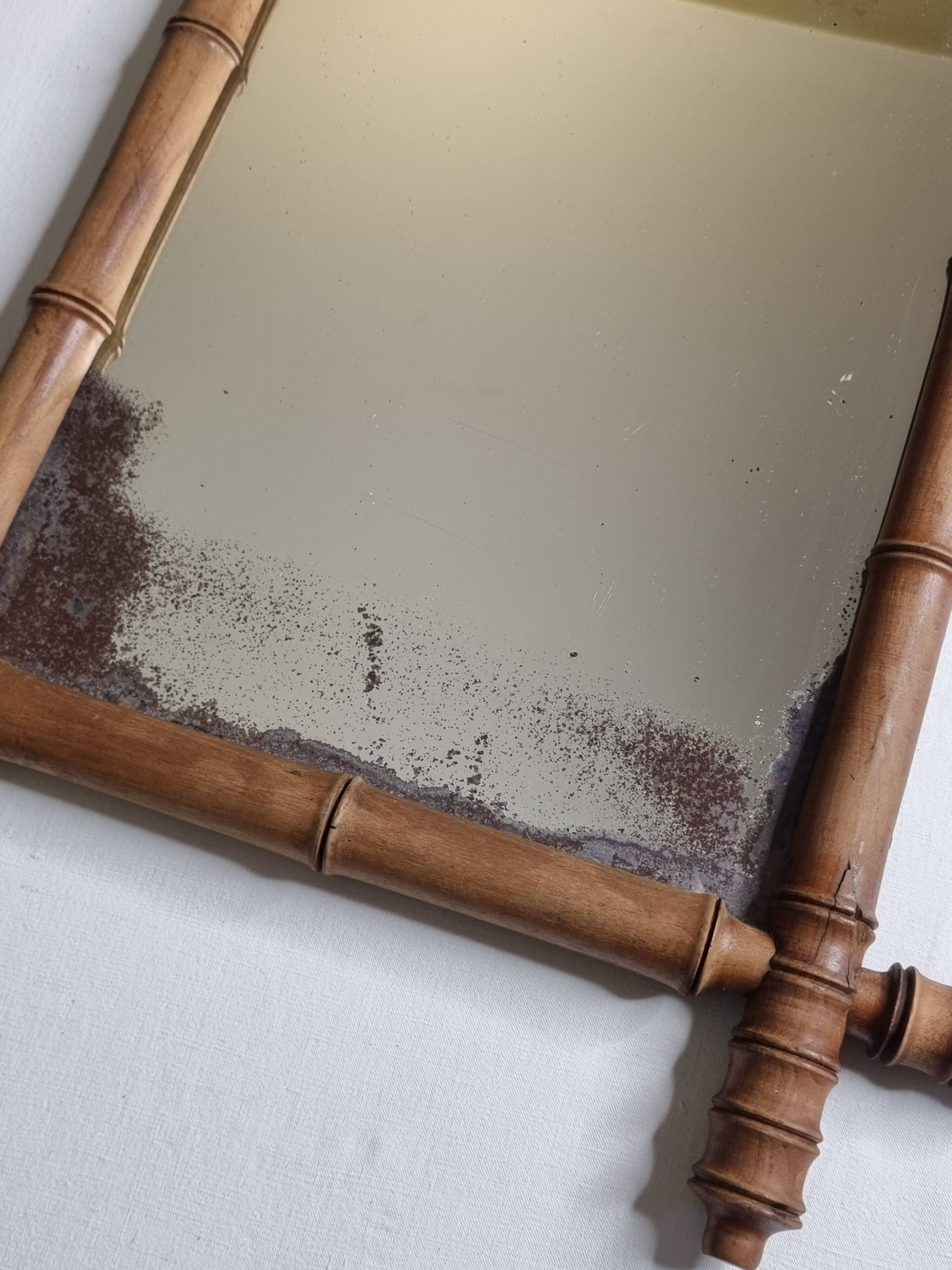 Antique bamboo style mirror, altered wood, turned, late 19th century, 50x42 cm