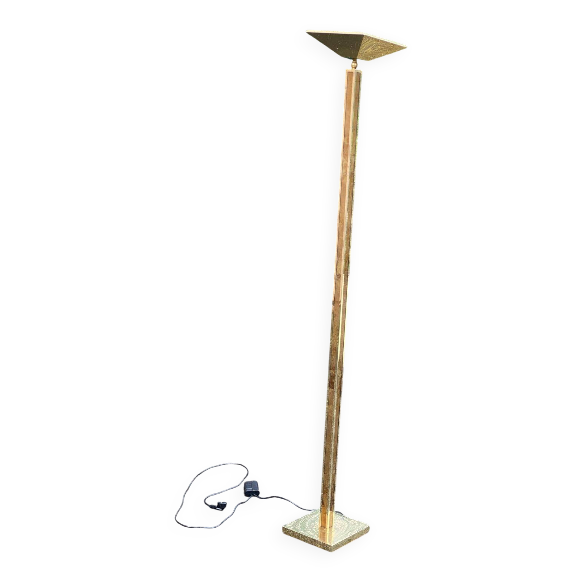 Square Art Deco vintage halogen floor lamp in gilded brass