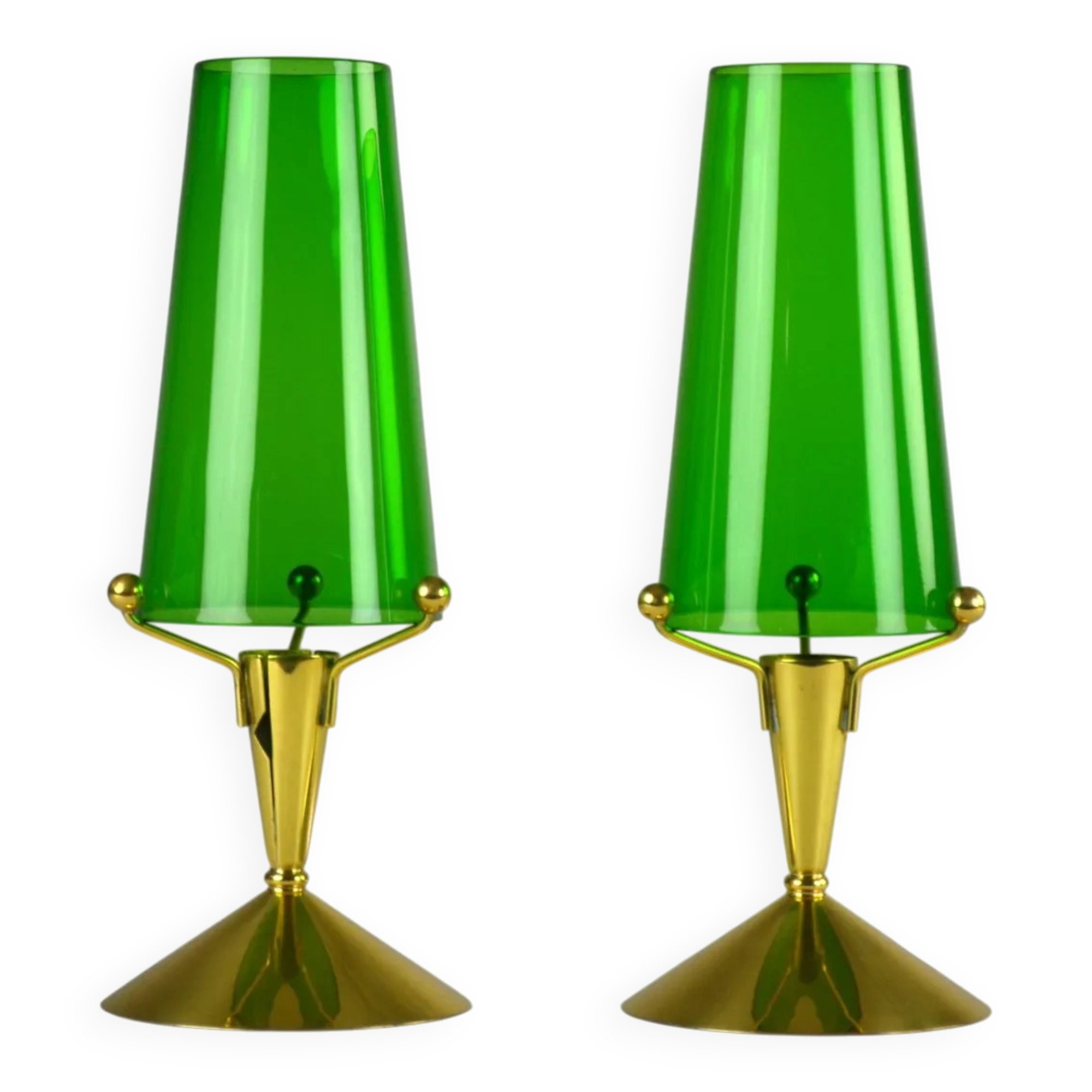 Pair of Brass & Green Glass Candleholders — Gunnar Ander for Ystad-Metall, Sweden, 1960s