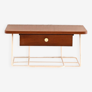 Teak and metal hanging nightstand with drawer