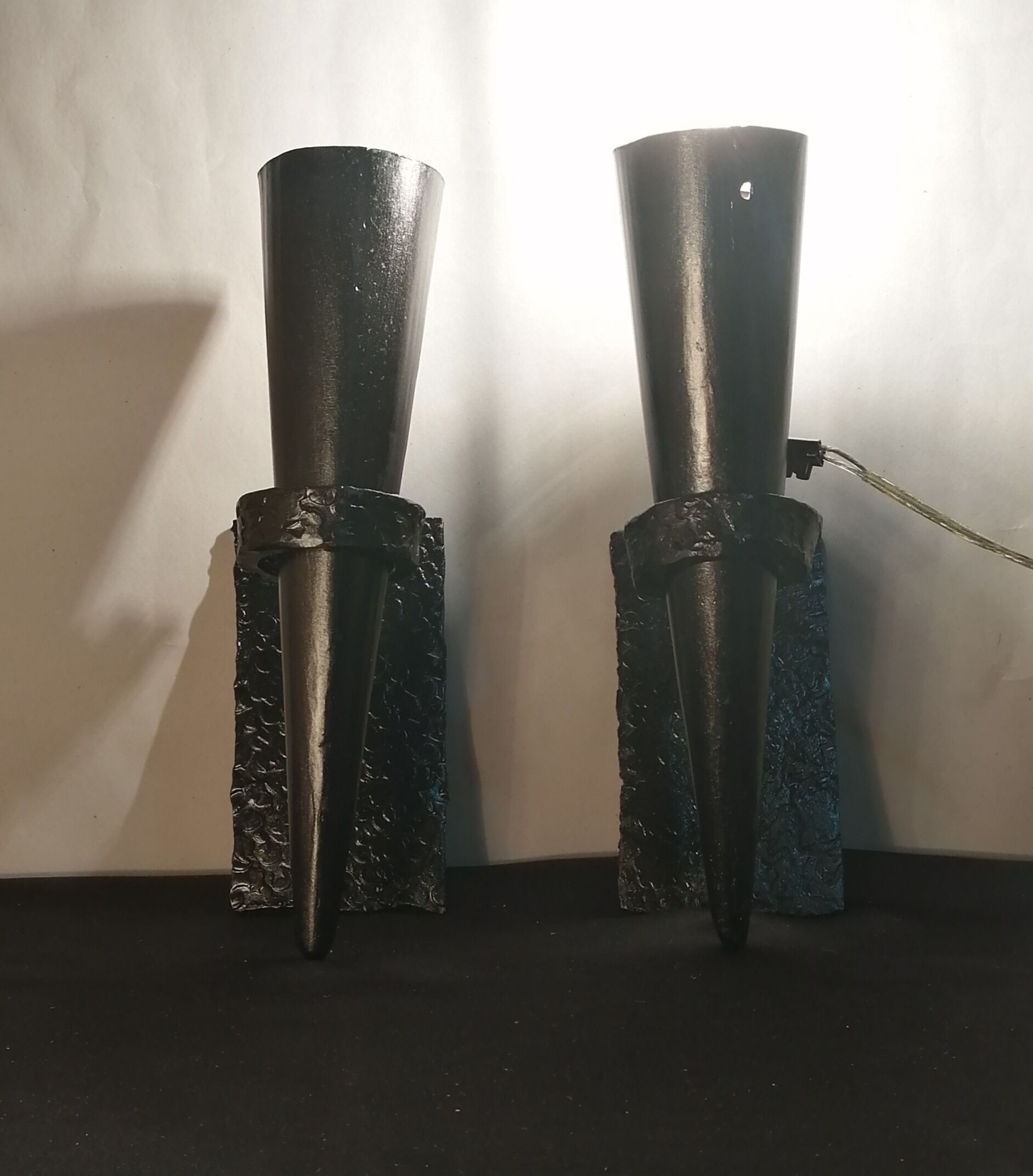 Pair of conical sconces in wrought iron, medieval, electrified in 1960