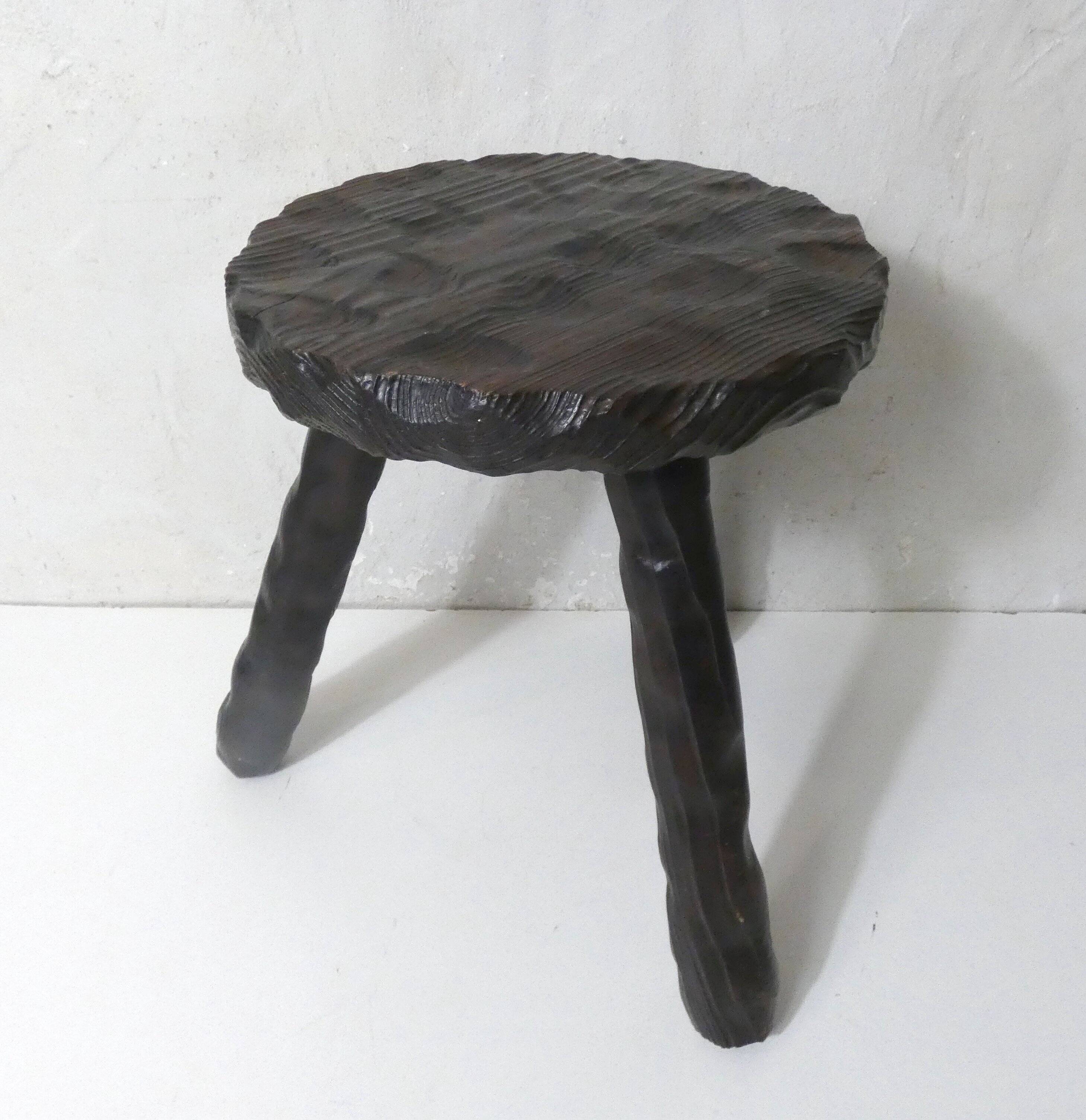 vintage brutalist solid oak tripod stool