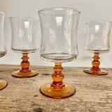 6 small vintage amber stemmed glasses