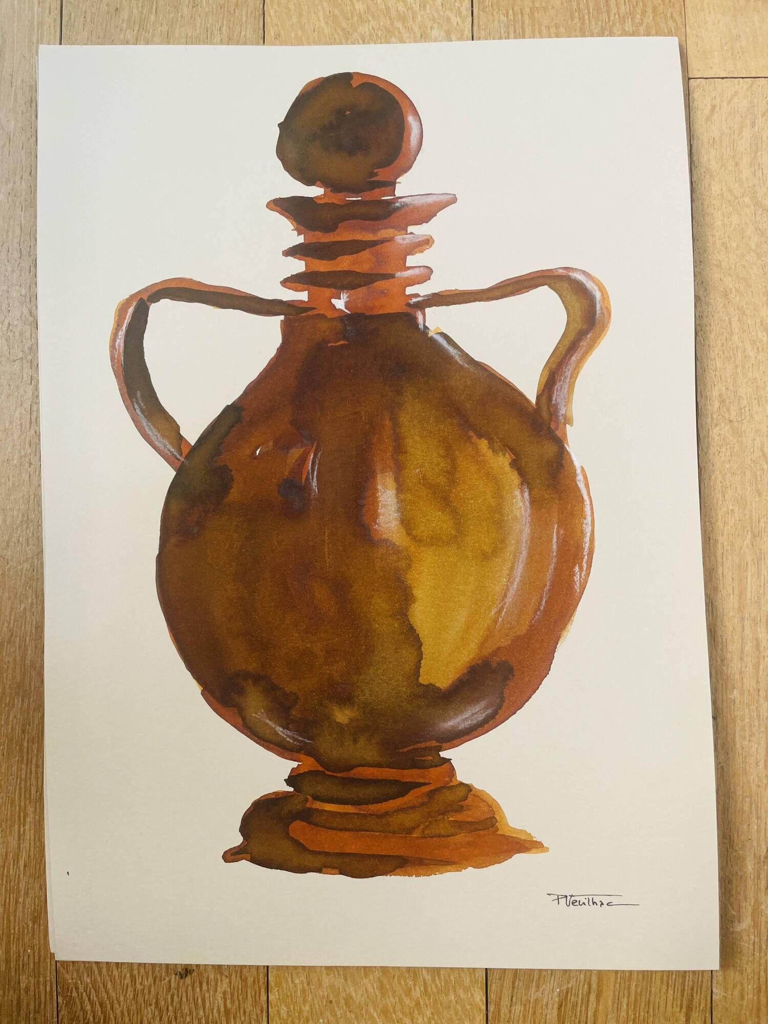 Signed watercolour and ink painting vase Wabi Sabi Fès