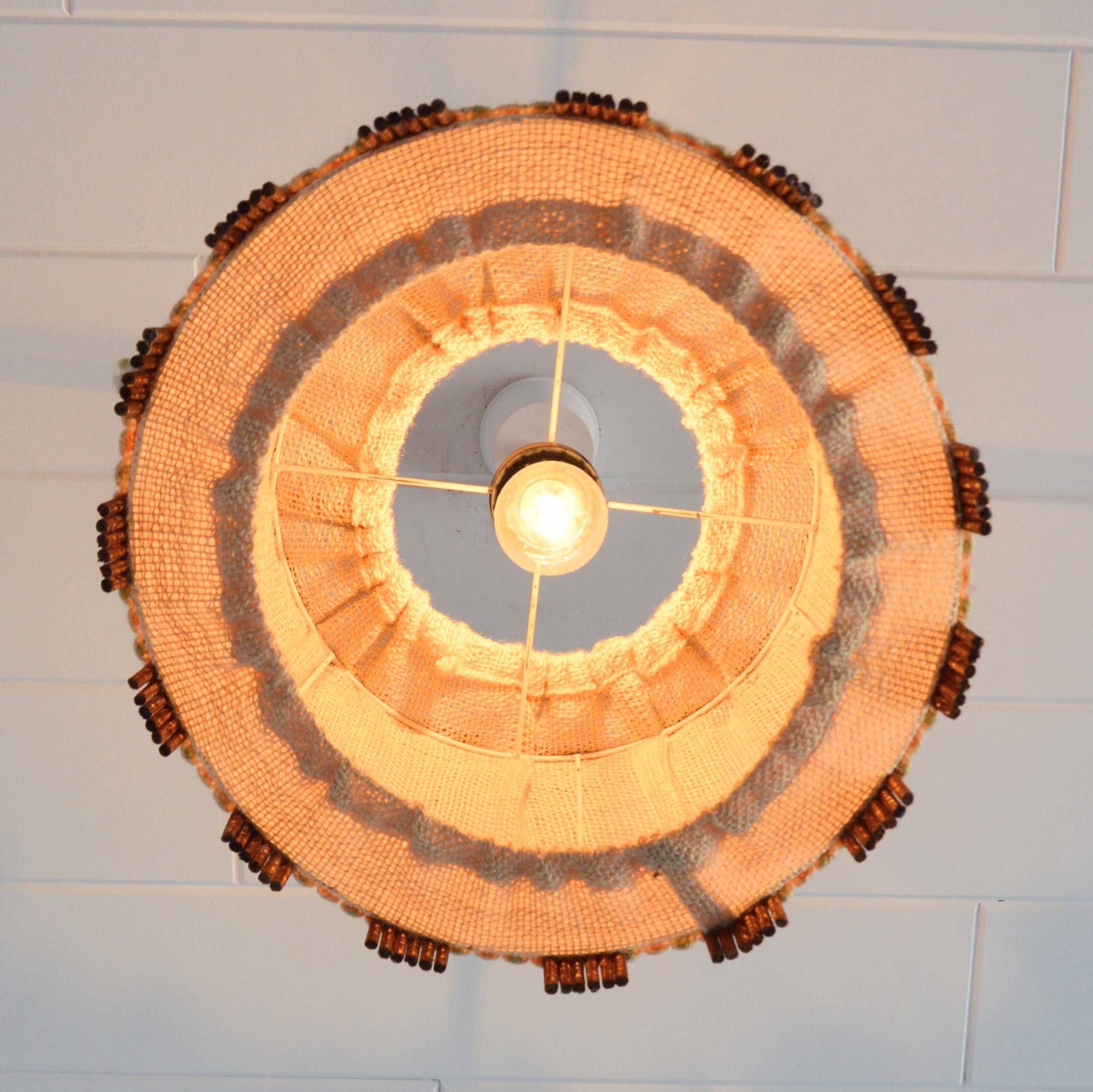 Vintage 1970s burlap and wood pendant light