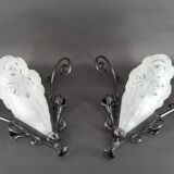 Pair of Wrought Iron Wall Lights by Degué, Art Deco, France, c. 1930