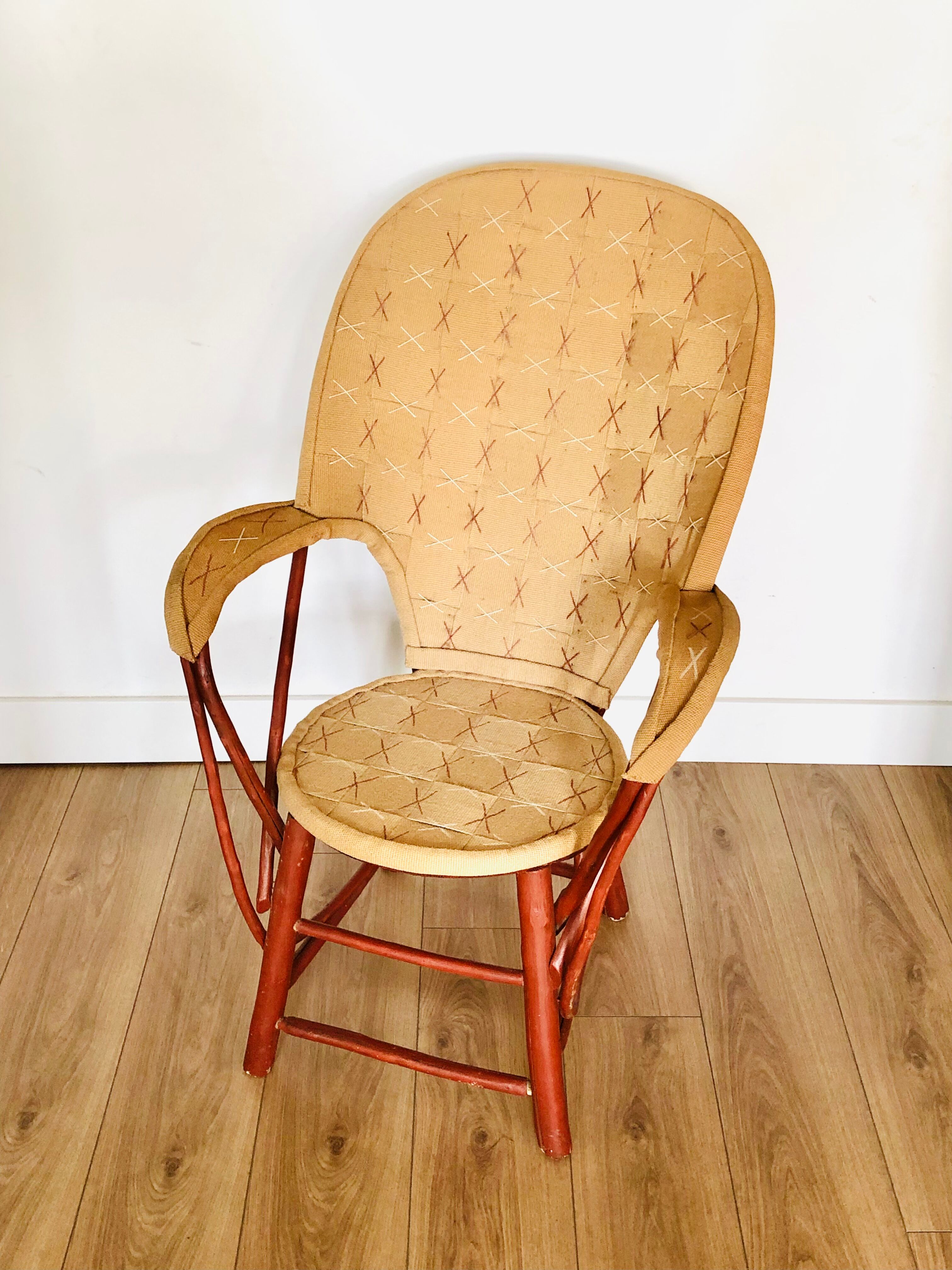 Vintage chestnut armchair and burlap