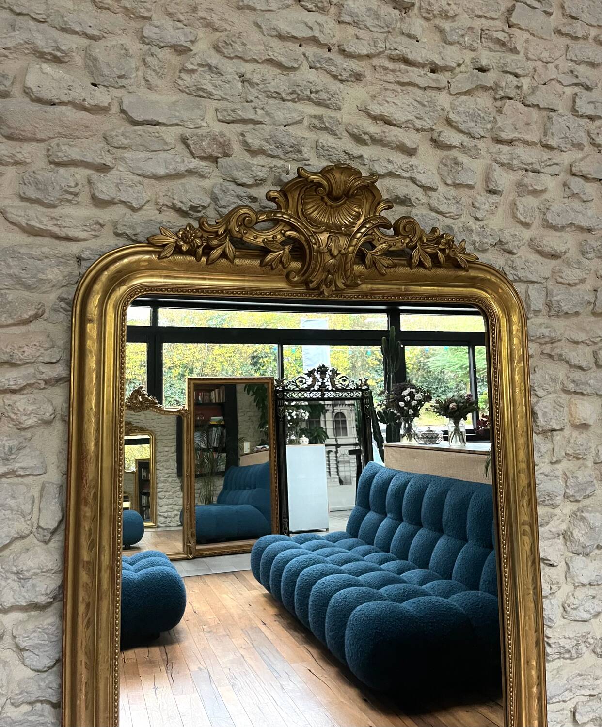 Antique mirror 173/94.5cm Louis-Philippe with a pediment and beaded overmantel.