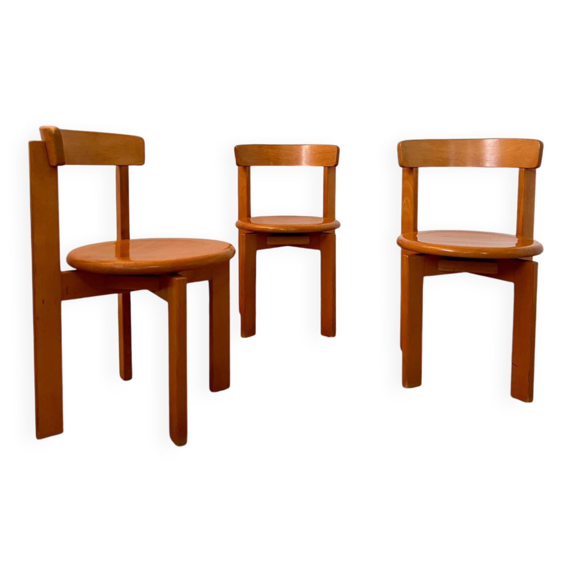 Set of 3 solid beech wood chairs, vintage 70s design