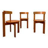 Set of 3 solid beech wood chairs, vintage 70s design