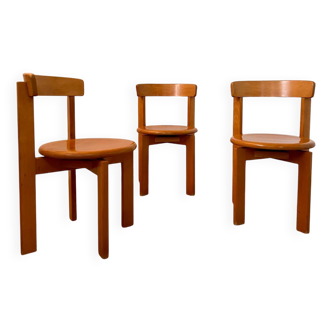 Set of 3 solid beech wood chairs, vintage 70s design