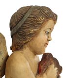 Vintage Solid Wood Angel Cherub Statue Hand Painted 49cm