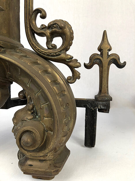 Lot of a pair of chenets and front of gilded bronze fireplace, nineteenth