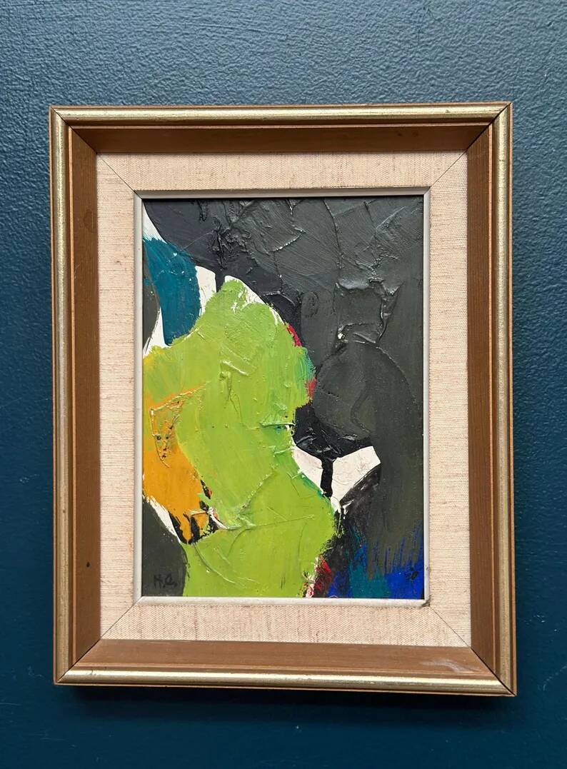Original Swedish Oil on Panel – “Abstract in Green” by Hans Oswald – Signed – Vintage and Framed – 32 × 25 cm (12.6" × 9.8")