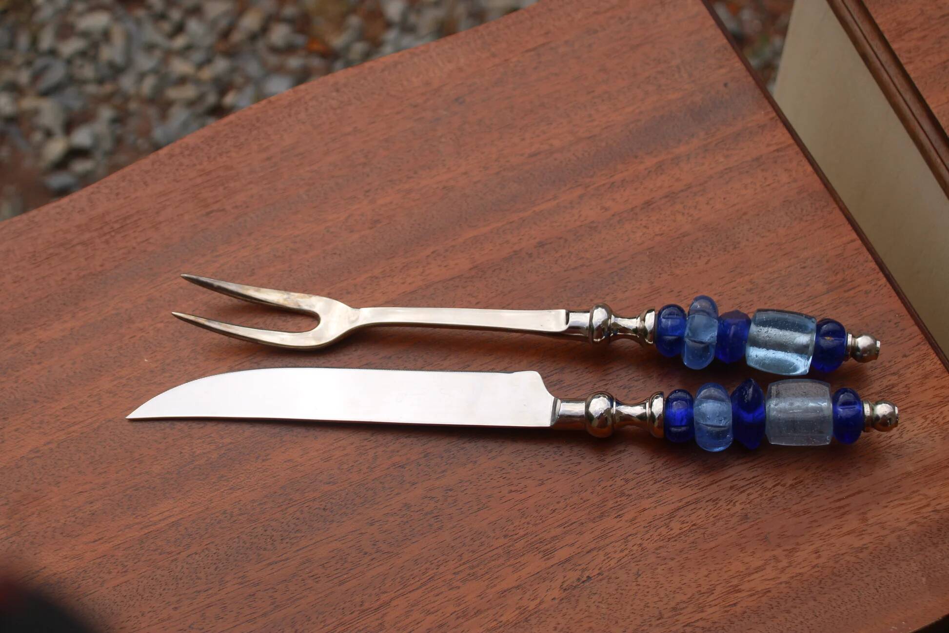 Vintage carving set knife and fork – handles made of blue glass beads