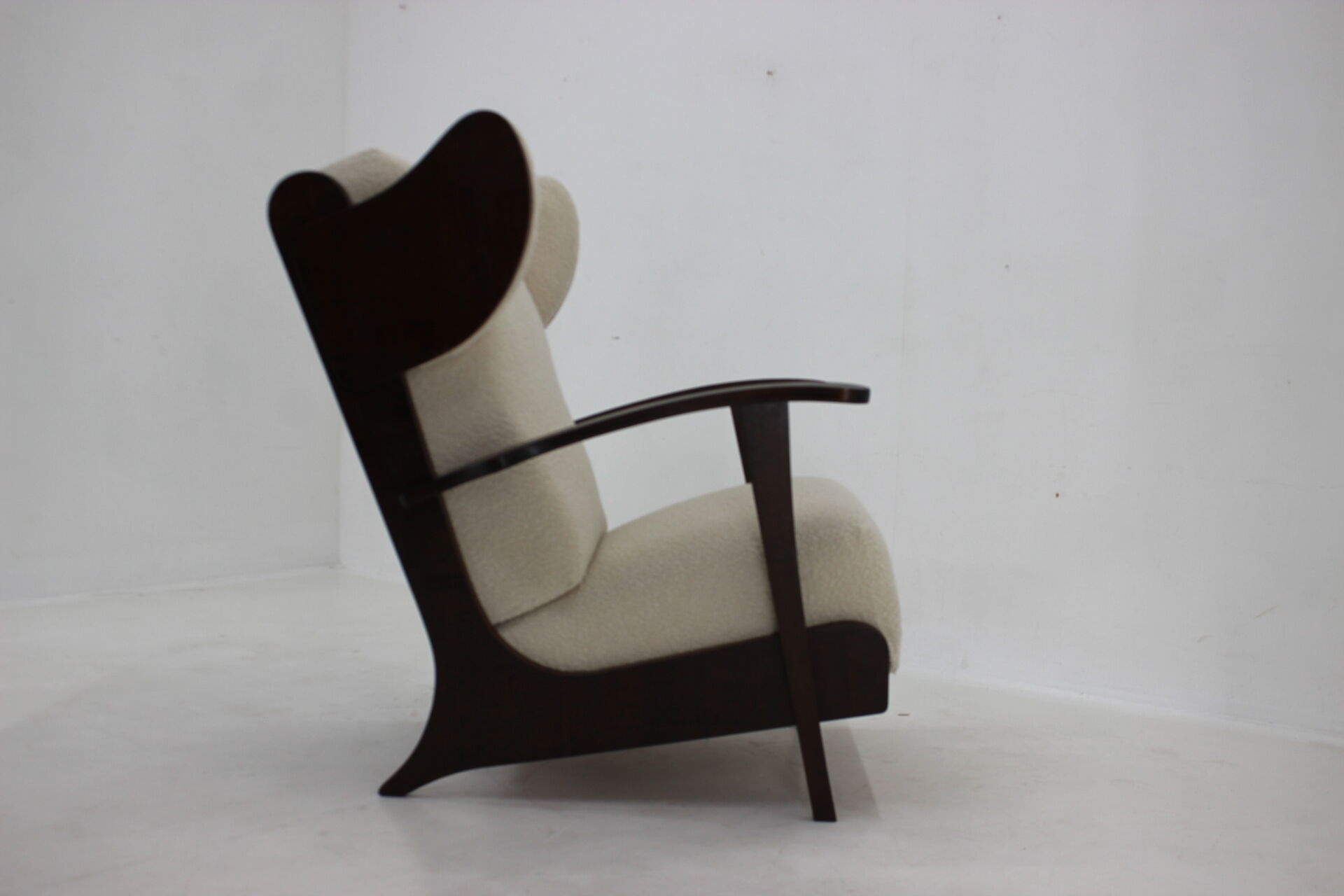 1940s large wing chair in wool boucle, restored