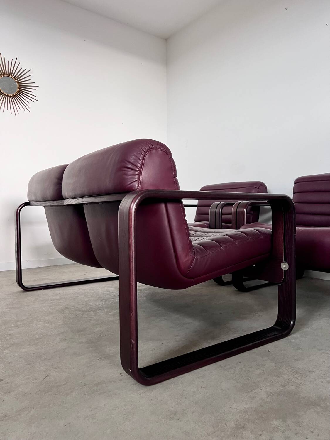Sofa set and 2 vintage leather armchairs designed by Albert Stoll Giroflex 1970s