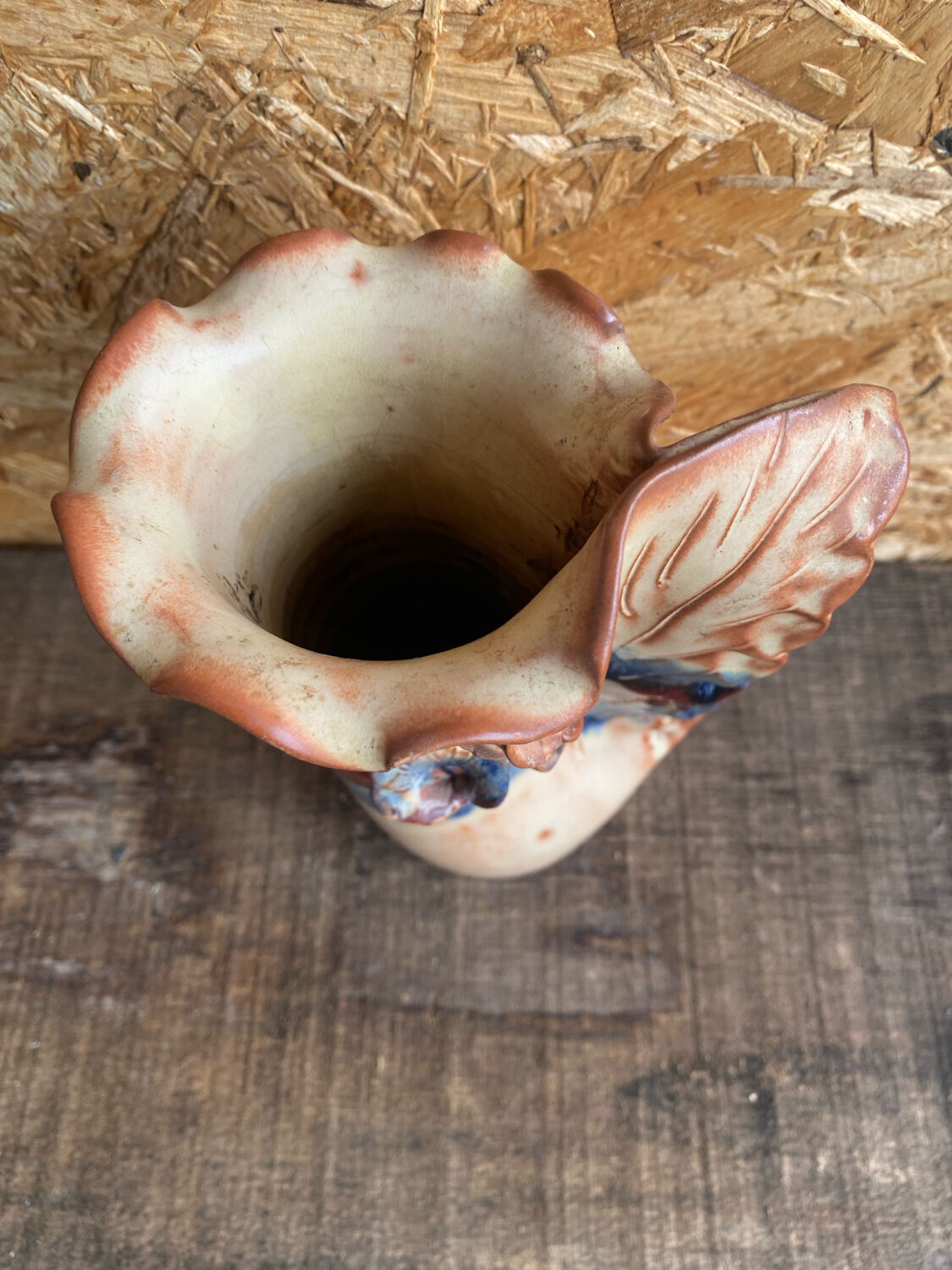 Vintage Beige Glazed Terracotta Vase with Relief Flower Decoration